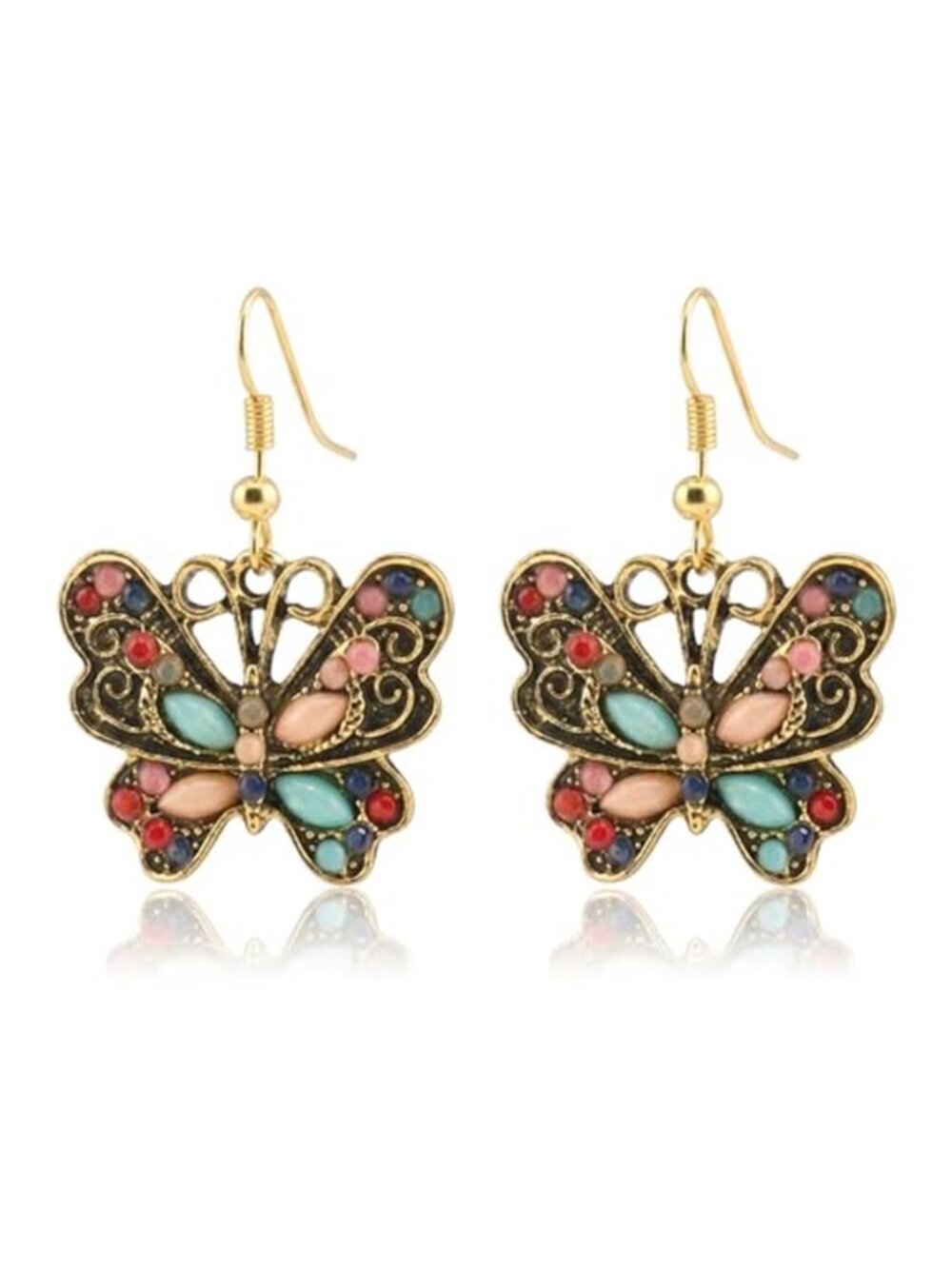 Colorful Enamel Butterfly Drop Earrings Gold Tone
